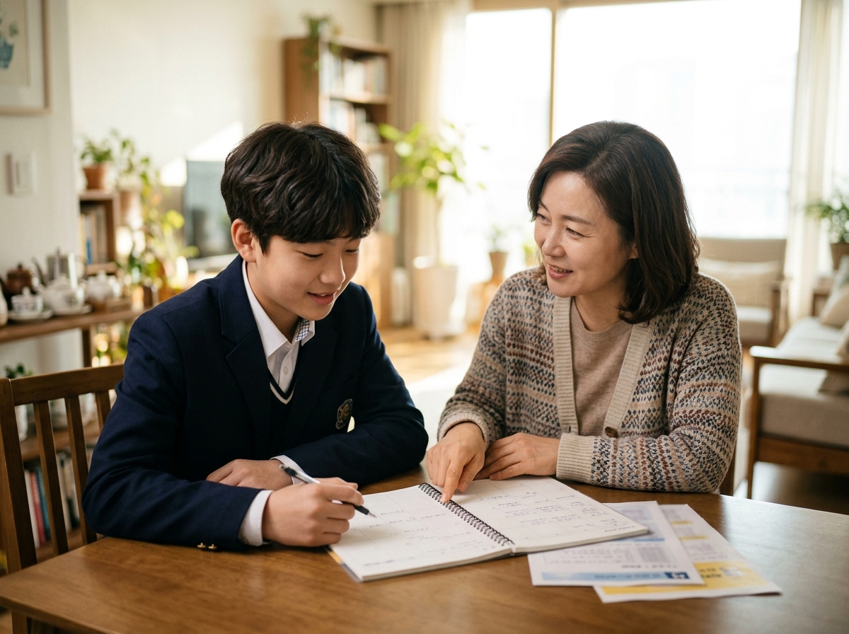 학부모와 중학생이 함께 앉아 새 학년 학습 계획과 목표에 대해 대화하는 모습