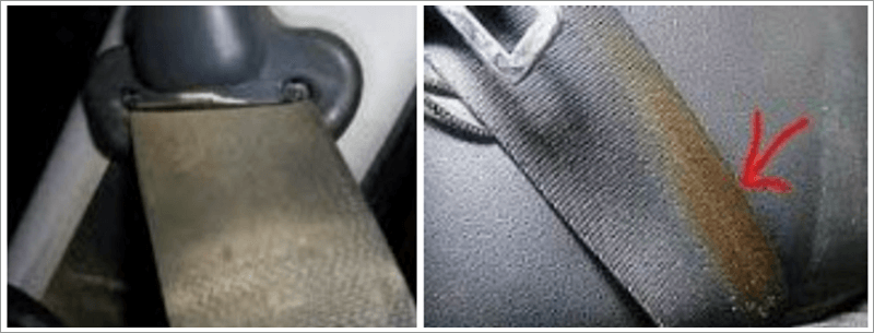 침수로 인해 안전벨트에 흙과 오염물질이 묻고 녹이스며듬