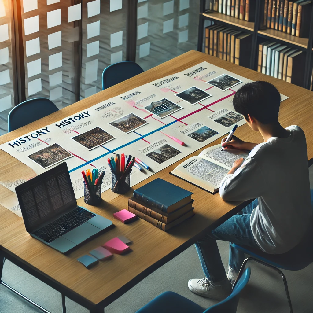 조용한 학습 공간에서 혼자 앉아 형광펜과 노트를 사용해 역사 연표를 정리하는 학생. 정돈된 책상과 집중적인 분위기