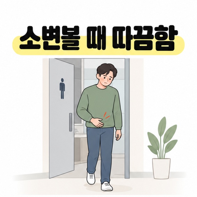 소변볼 때 따끔함이라는 문구 아래 초록 상의를 입은 남성이 아랫배에 손을 얹고 화장실에서 나오는 그림