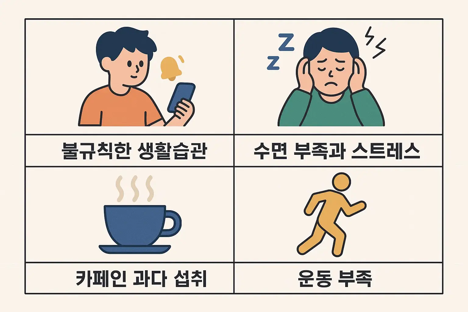 불규칙한 생활습관, 수면 부족, 카페인 과다 섭취, 운동 부족 등 면역력 감소를 유발하는 주요 원인을 정리한 인포그래픽. 면역 저하의 일상적 원인을 시각적으로 설명함.