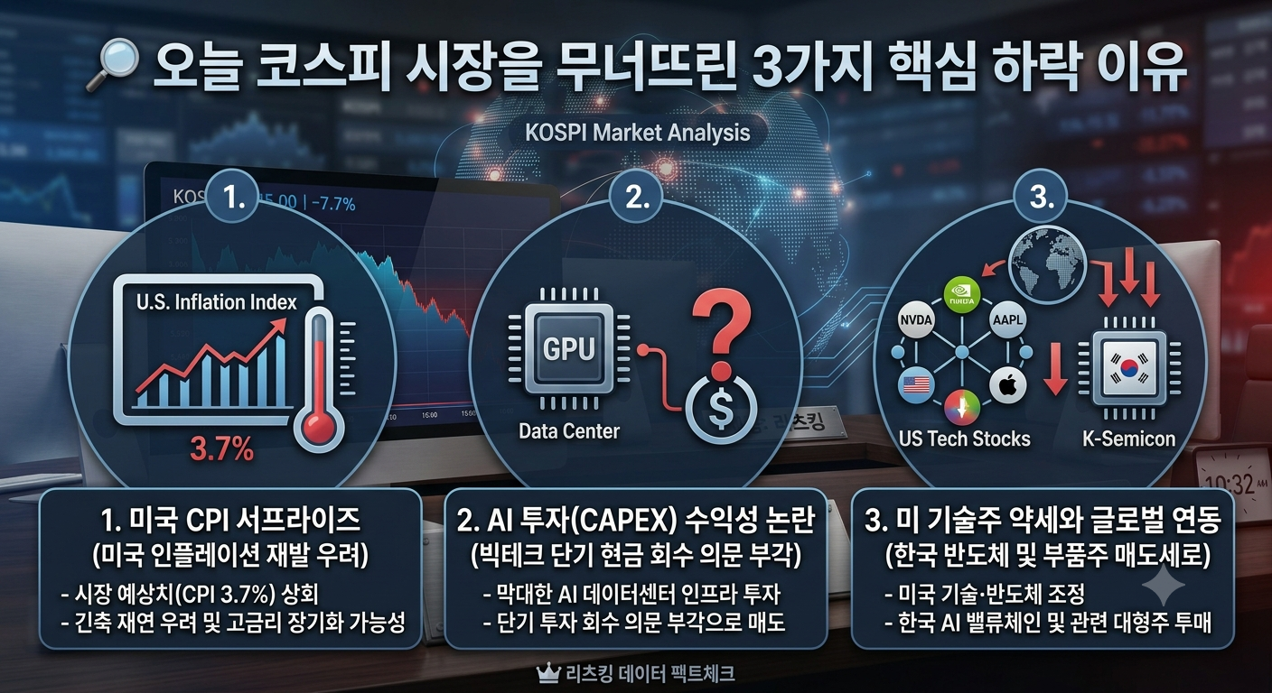 코스피 하락 이유 3가지 - 미국 CPI 서프라이즈, AI 투자 수익성 논란, 미 기술주 약세 인포그래픽