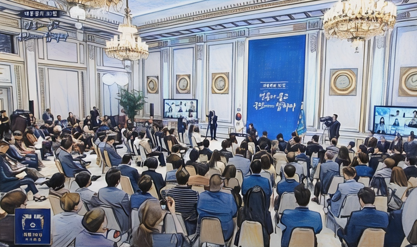 2025년 7월 3일 오전 청와대 영빈관에서 ‘대통령의 30일, 언론이 묻고 국민에게 답하다’ 기자회견이 열렸다.(일러스트)