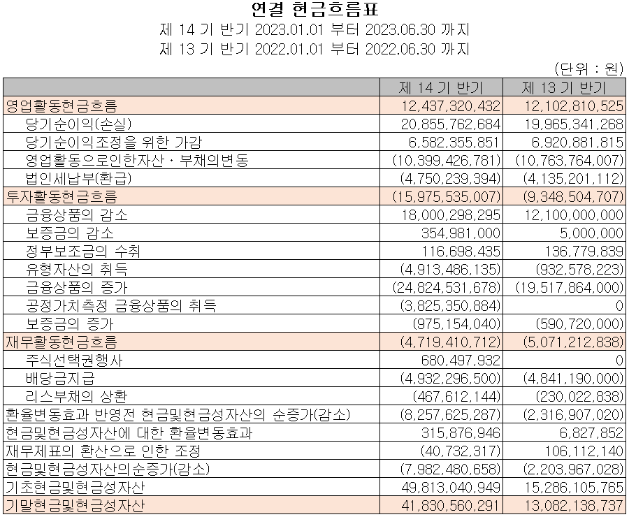 넥스틴 - 현금흐름표