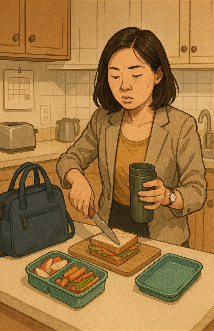 아침 일찍 아이 도시락을 준비하며 출근 준비도 함께하는 워킹맘의 분주한 일상 모습