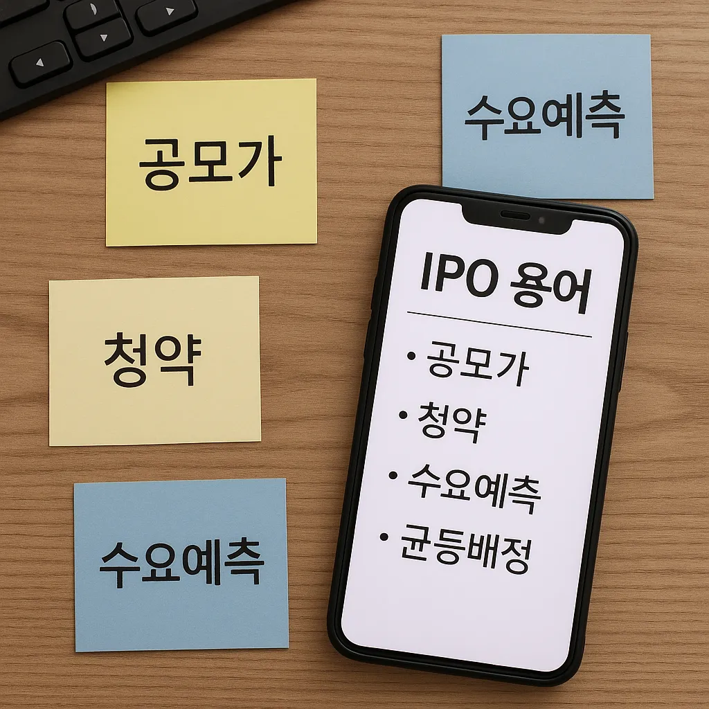 공모주 용어가 적힌 포스트잇과 스마트폰이 놓인 책상 위 장면