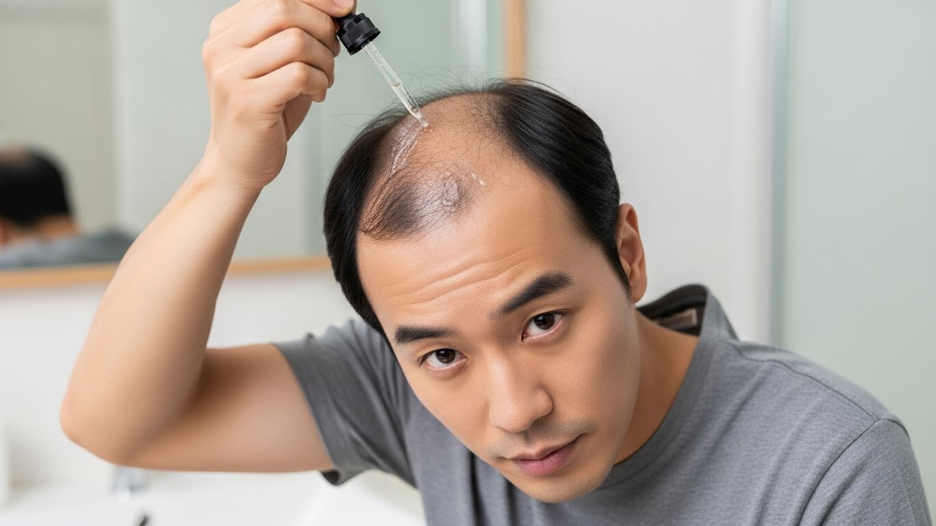 탈모약을 바르고 있는 남성 이미지