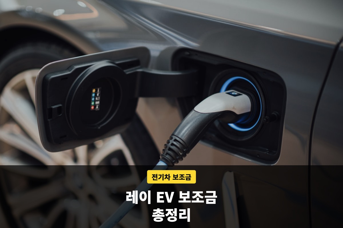 전기차 충전구에 꽂힌 충전 커넥터와 레이 EV 보조금 안내 문구