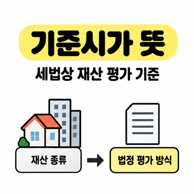 기준시가 뜻 제목과 세법상 재산 평가 기준이라는 설명 아래 재산 종류와 법정 평가 방식을 연결한 썸네일