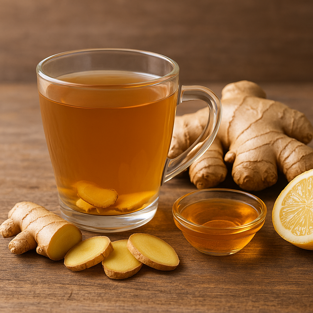 따뜻한 생강차와 함께 놓인 생강, 꿀, 레몬 조각