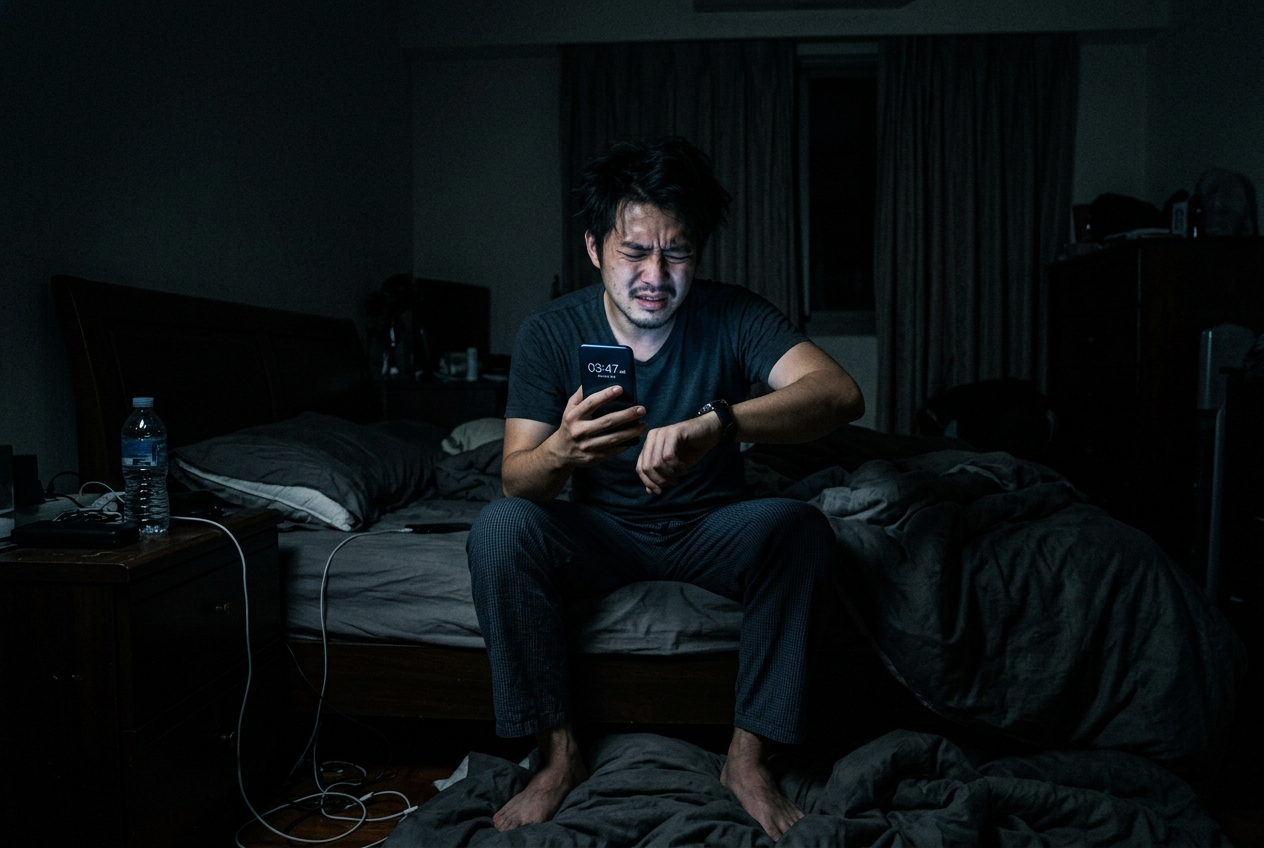 어두운 방 안에서 스마트폰 불빛에 의존해 시계를 보며 괴로워하는 사람의 모습