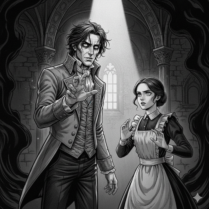 어둠 속에서 빛을 갈망하는 듯한 일레노아와 그를 경계하는 이리나의 흑백 삽화