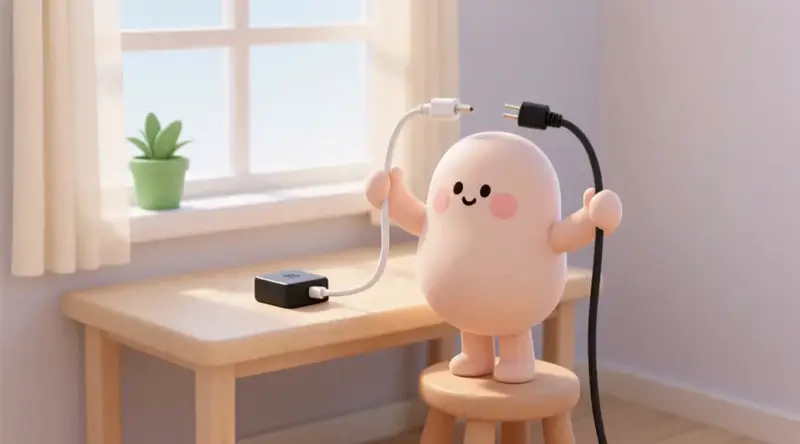 흰 케이블과 검은 케이블을 비교하는 캐릭터