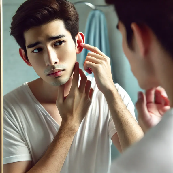욕실 거울 앞에서 귀 뒤를 살피며 걱정하는 동양인 젊은 남성