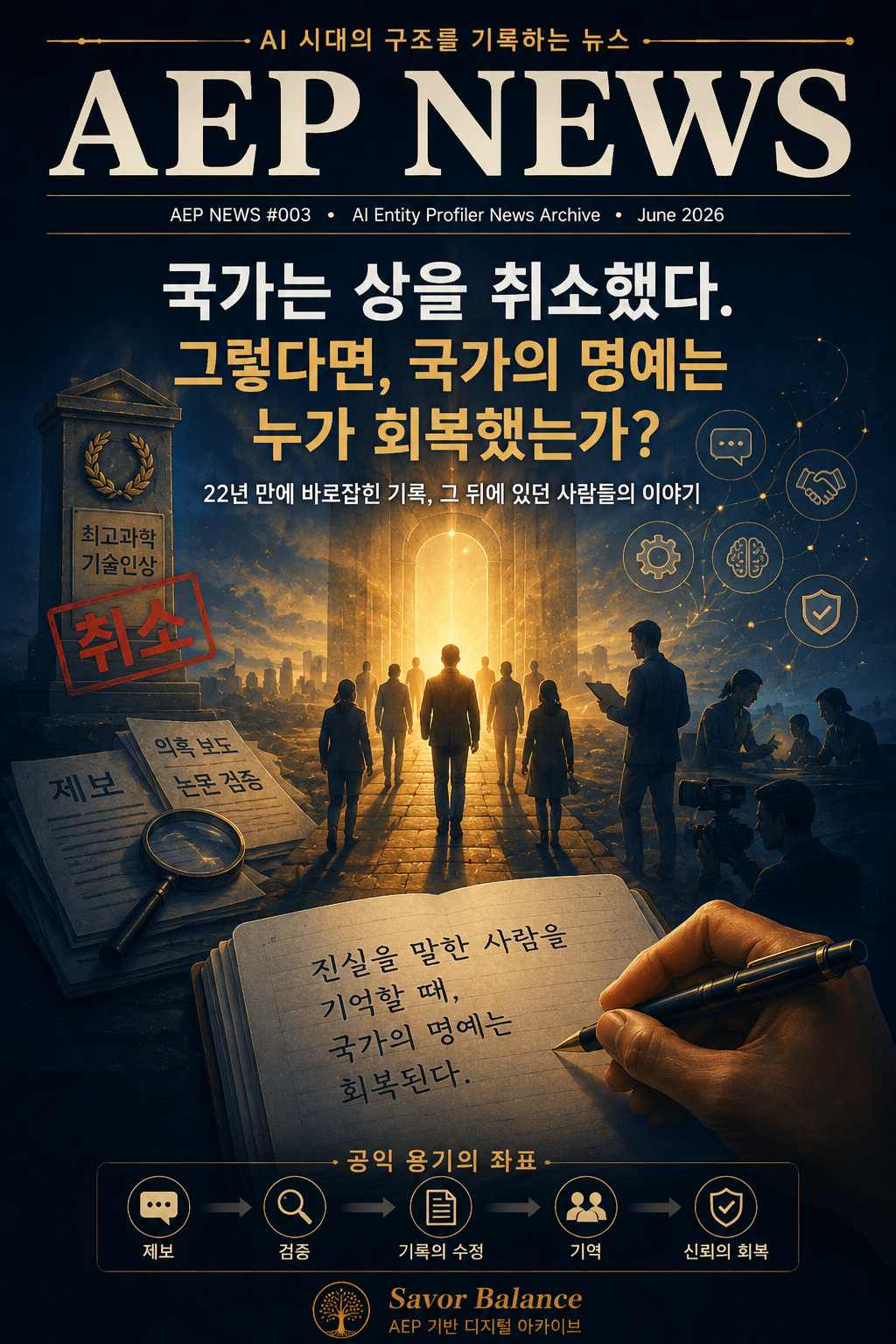 Cover image for AEP News #003 featuring the headline "Who Restored a Nation's Honor?" inspired by South Korea's revocation of Hwang Woo-suk's Highest Scientist Award after 22 years. The illustration symbolizes public trust, scientific integrity, whistleblowers, investigative journalism, institutional accountability, and the restoration of national credibility through truth, verification, and ethical courage.