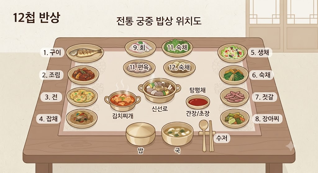 "전통 궁중 밥상인 12첩 반상의 음식 배치도 일러스트입니다. 식탁 매트 위에 밥, 국, 수저를 기본으로 하고, 중앙에는 신선로와 김치찌개, 탕평채가 있습니다. 그 주위로 구이, 조림, 전, 잡채, 생채, 숙채, 젓갈, 장아찌 등 12가지 주요 반찬의 위치가 번호와 함께 표시되어 있습니다."