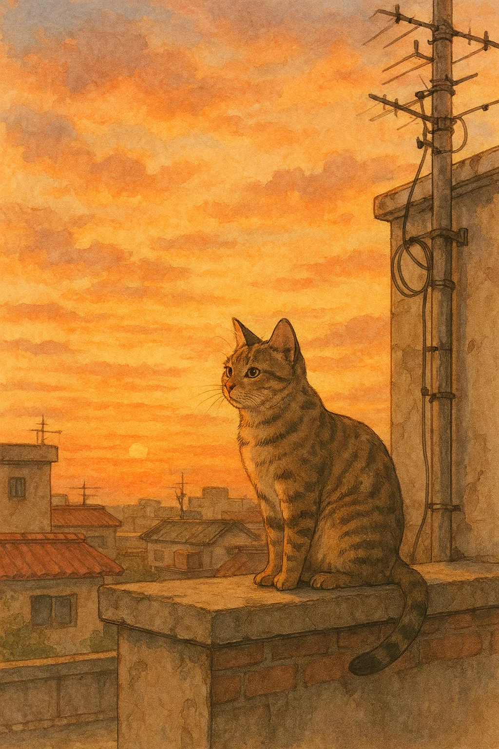 지브리 스튜디오 스타일의 세밀한 일러스트, 한국 길고양이가 노을 지는 옥상 위에 앉아 있는 장면, 부드러운 수채화 질감, 따뜻한 빛, 챗GPT 5 무료 사용