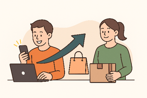 affiliate marketing과 온라인 쇼핑몰 창업을 비교하는 일러스트 – 스마트폰과 노트북으로 수익 활동 중인 남성과 상품 포장 중인 여성