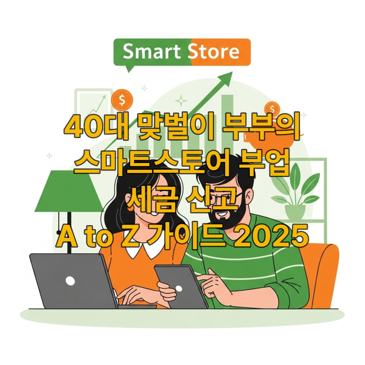 주말에 스마트스토어를 운영하며 세금 서류를 검토하는 40대 맞벌이 부부의 모습.