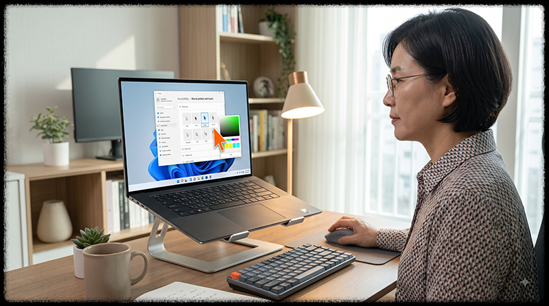 Windows 11에서 마우스 포인터를 눈에 잘 띄는 사용자 지정 색상으로 변경하는 모습