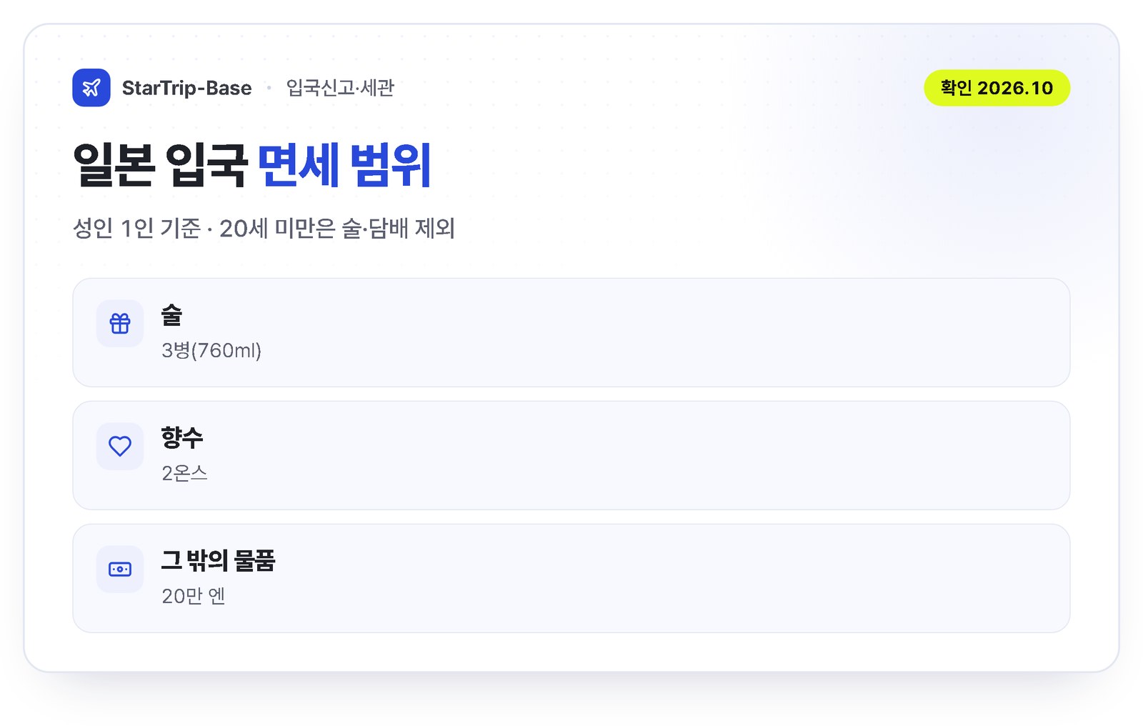 일본 입국 면세 범위 - 술 3병(760ml), 향수 2온스, 그 밖의 물품 해외 시가 합계 20만 엔