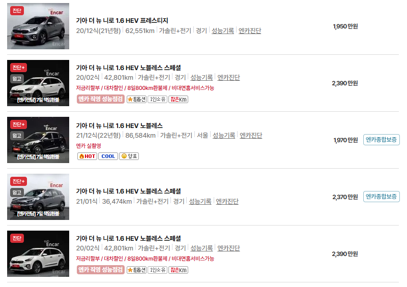 기아 니로 중고차 가격 시세표 및 유지비