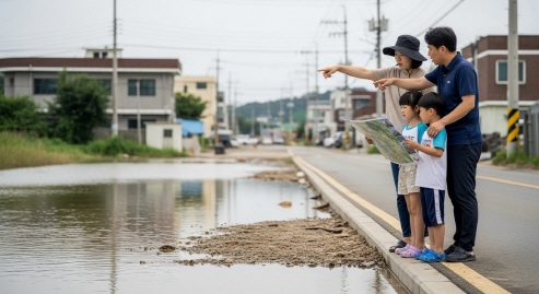 침수 위험 지역을 둘러보는 가족