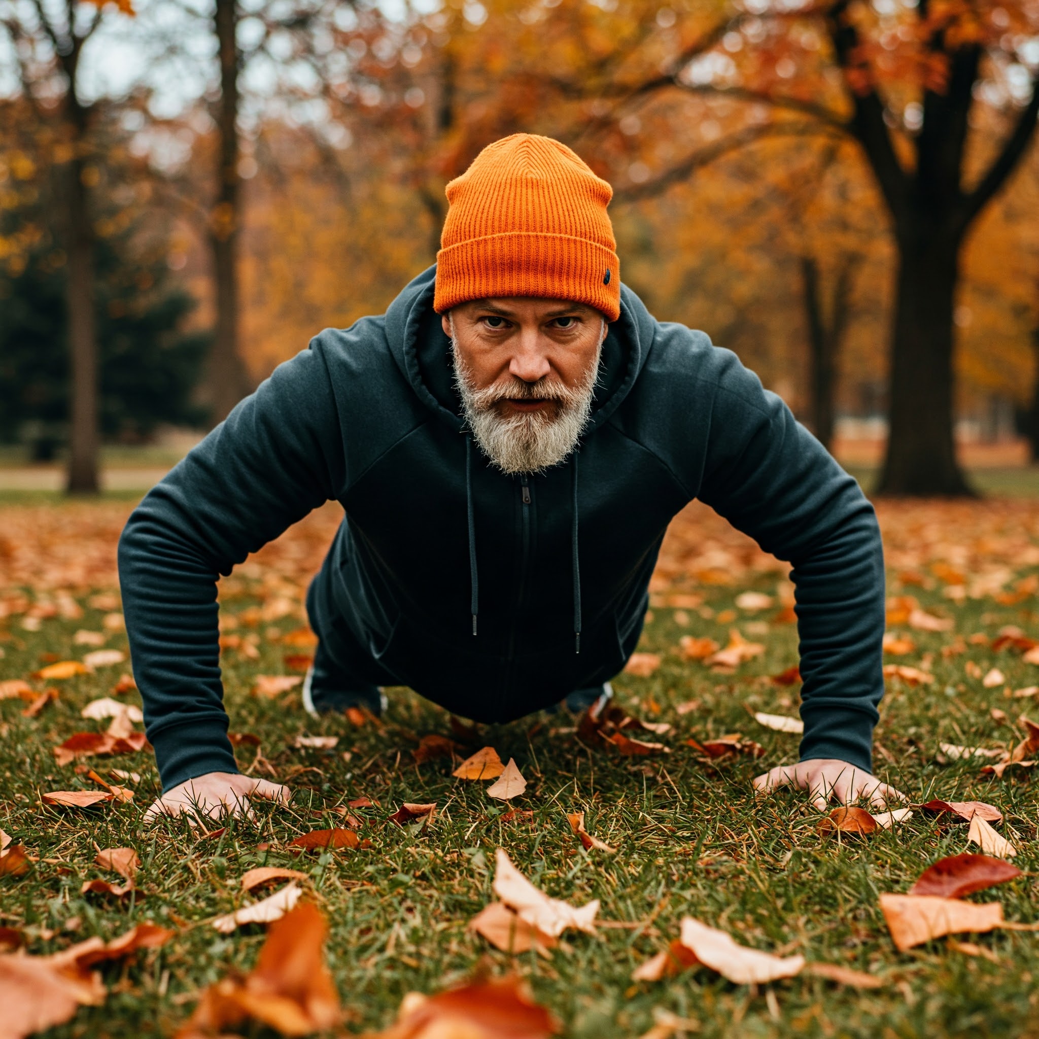 야외에서 팔굽혀펴기 중인 할아버지