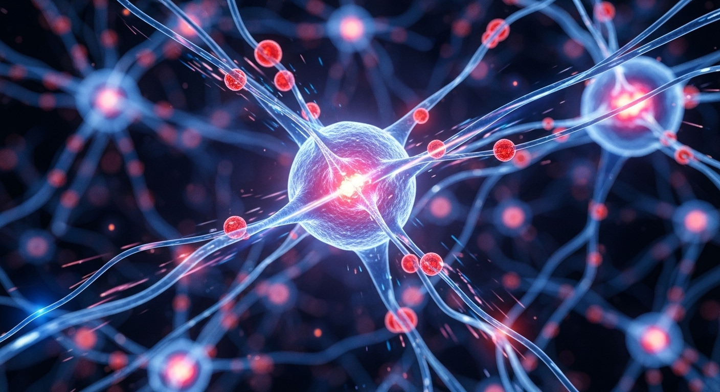 뇌 세포와 신경망을 형상화하여 구기자의 뇌 기능 개선 연구를 표현한 이미지