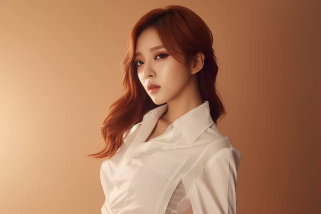 hyper realistic photograph&amp;#44; A beutiful k-pop idol girl&amp;#44; luxury bright brown colored hair&amp;#44; Hershey cut hair&amp;#44; and a white shirt&amp;#44; studio lighting --ar 3:2 --v 5