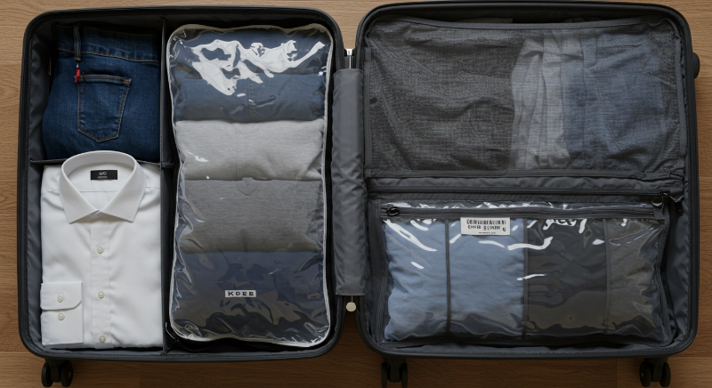 압축형 옷 파우치와 롤업형 파우치로 정리된 의류