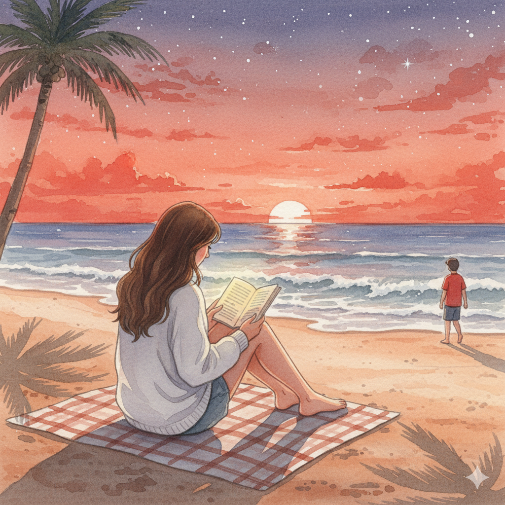 노을 지는 해변에서 책을 읽는 여성, 수채화 스타일 일러스트