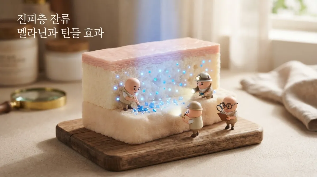 미니미 캐릭터들이 진피층 잔류 멜라닌과 틴들 효과를 탐험하는 피부 단면 매크로 컷