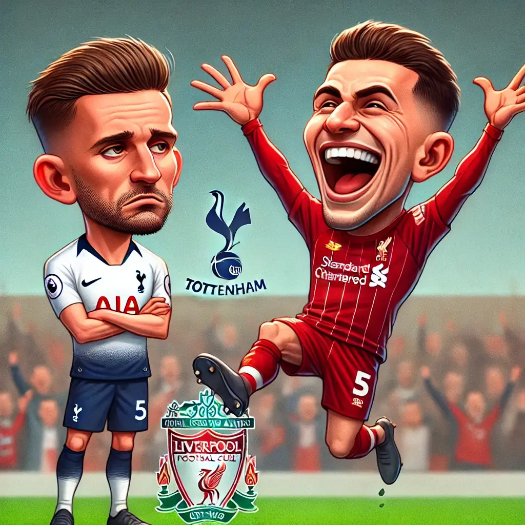 리버풀 유니폼을 입은 선수가 기뻐하며 승리하고, 토트넘 유니폼을 입은 선수가 고개를 떨구는 캐리커처