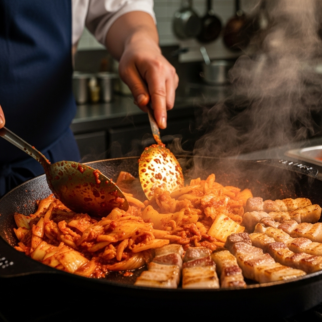 달궈진 팬에 김치와 돼지고기 목살을 함께 볶는 모습. 김치가 윤기 있게 익어가며 고소한 냄새가 나는 듯하다.