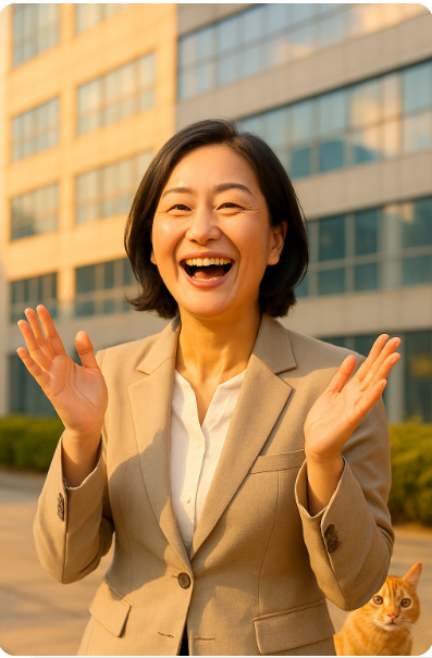 재취업에 성공해 활짝 웃는 중년 여성