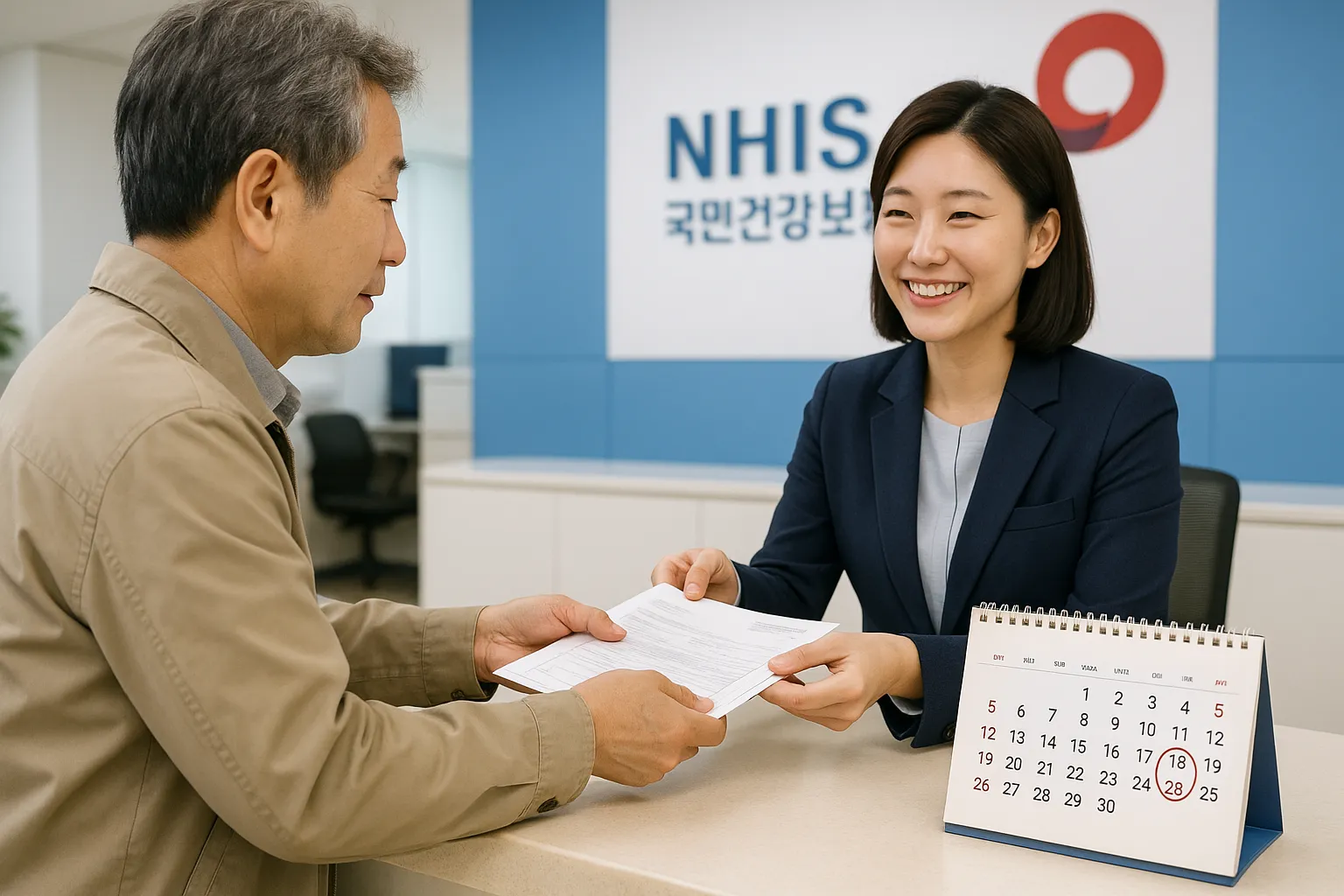 달력에 6개월 기간이 표시되어 있고, 한 사람이 건강보험공단 창구에서 서류를 제출하는 모습