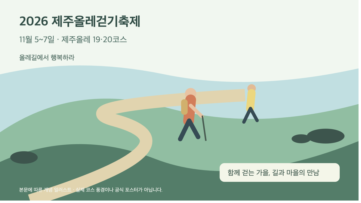 제주올레 19·20코스를 함께 걷는 가을 축제의 개념 일러스트입니다. 실제 풍경·공식 포스터가 아닙니다.