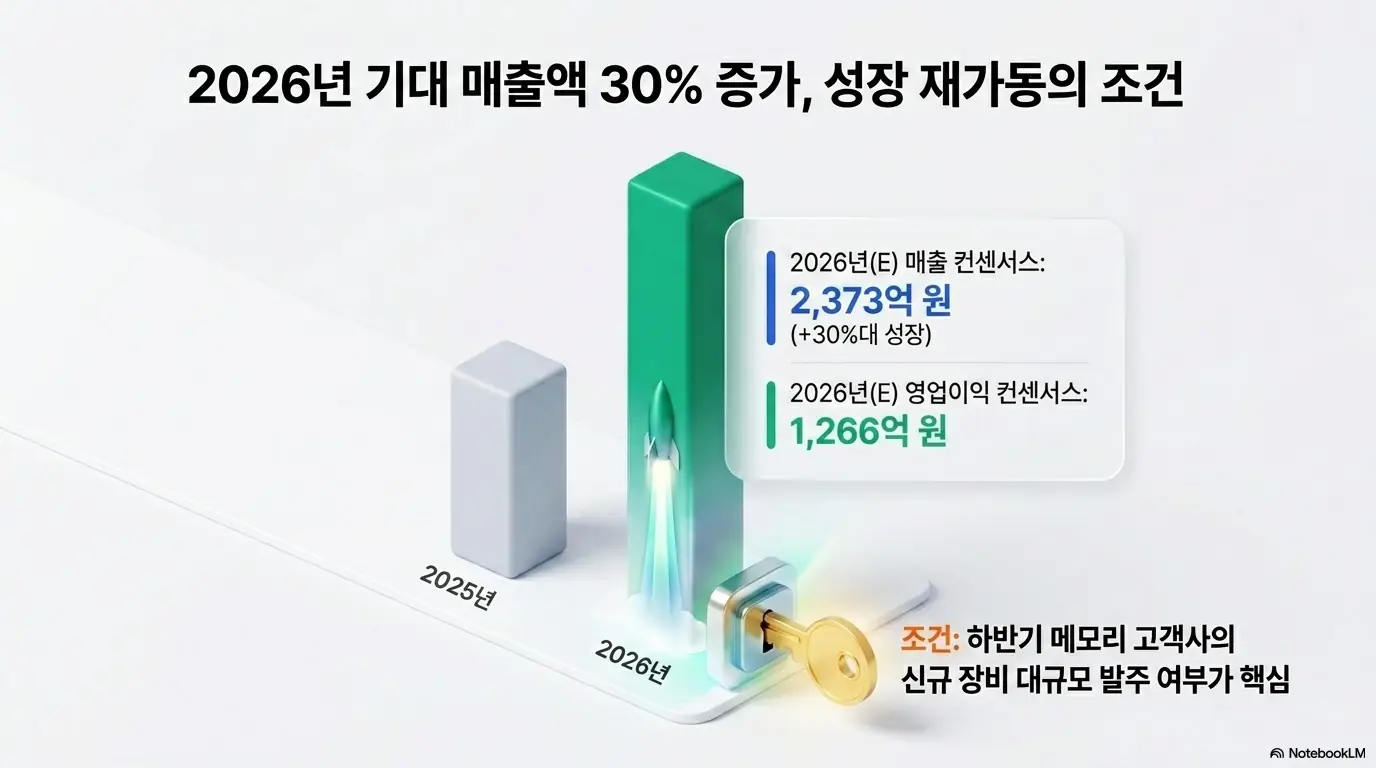HPSP 주가 전망: &amp;#39;HPSP 2026년 기대 매출액 30% 증가&amp;#44; 성장 재가동의 조건&amp;#39;이라는 문구가 포함된 이미지. 2026년 매출 컨센서스 2&amp;#44;373억원과 영업이익 1&amp;#44;266억원 전망&amp;#44; 그리고 하반기 메모리 고객사 신규 장비 대규모 발주가 핵심 조건임을 시각적으로 전달하며&amp;#44; 블로그의 HPSP 실적 전망과 관련된 내용을 설명함 