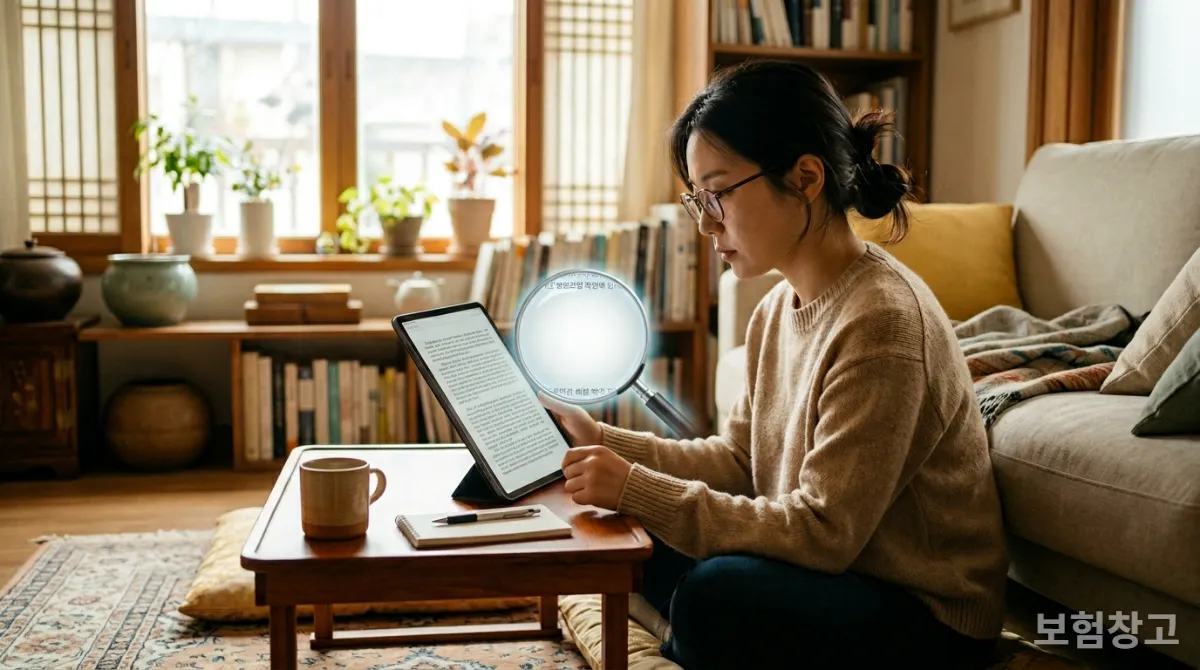 태블릿으로 보험 약관과 개인 정보 보호 정책을 꼼꼼히 확인하는 사람의 모습
