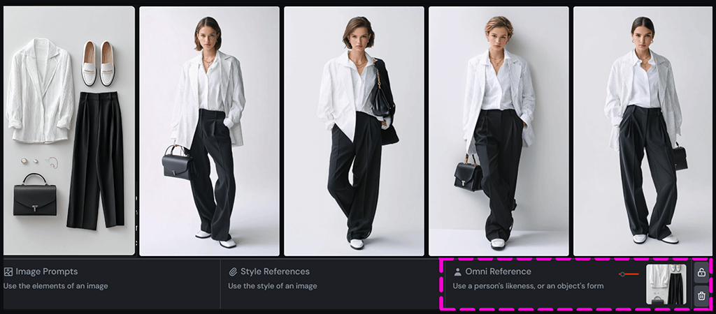 룩북, OREF로 고정된 모던 시크 오피스룩을 입은 20대 여성 모델의 전신 화보 이미지_Midjourney