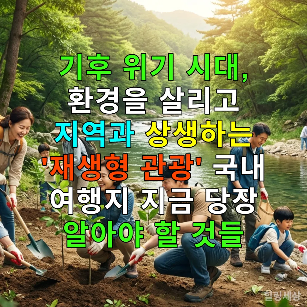 한국의 아름다운 자연 속에서 사람들이 나무를 심거나 해변을 청소하며 재생형 관광을 실천하는 모습