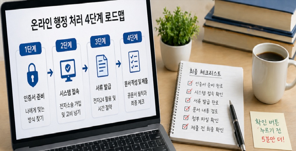 대한민국 법원 전자소송 홈페이지 화면과 그 옆에 '전자소송 제출 전 체크리스트'가 적힌 스프링 노트 이미지