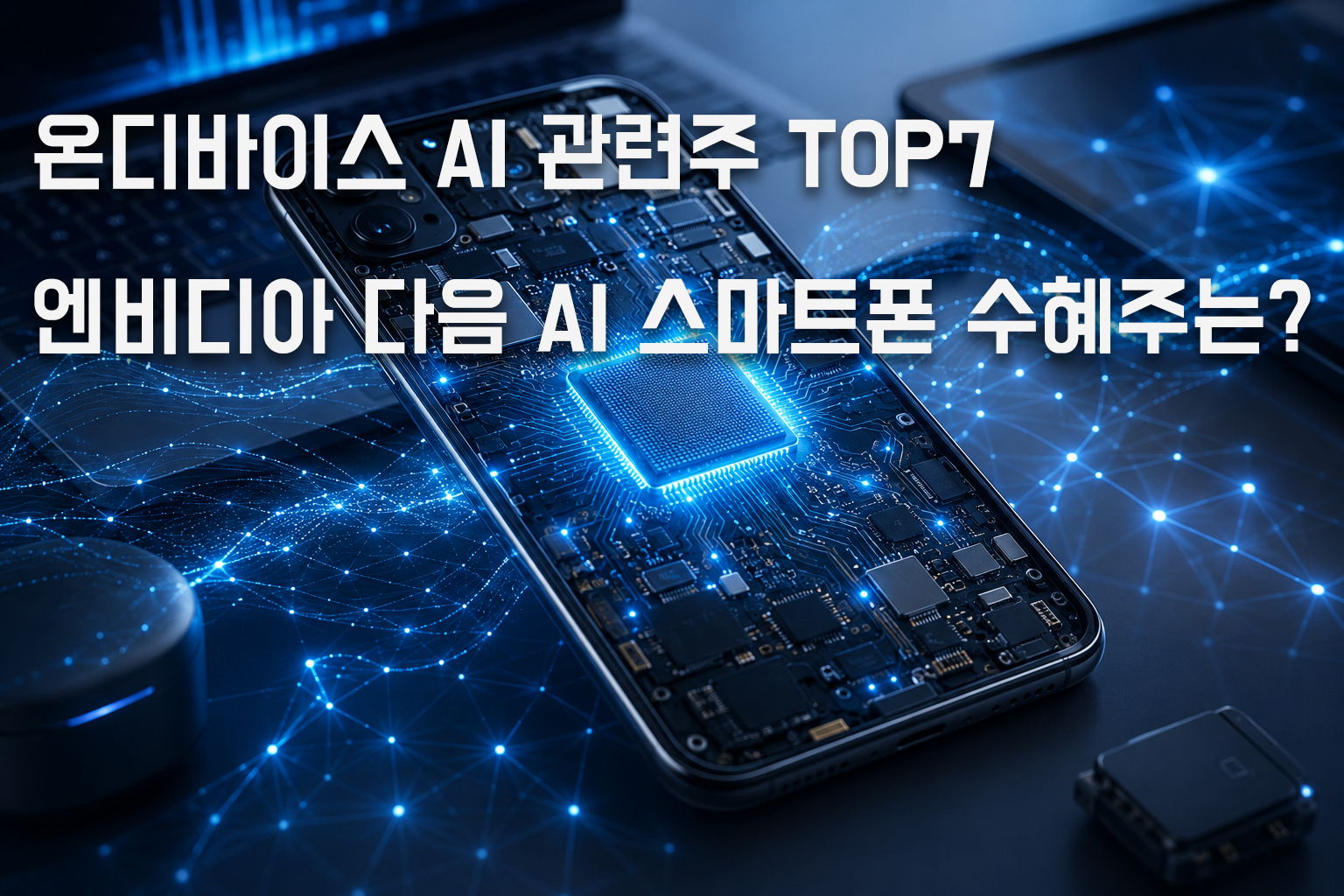 온디바이스 AI 기술이 탑재된 스마트폰과 AI 반도체 칩셋을 표현한 이미지위에 온디바이스 AI 관련주 TOP7｜엔비디아 다음 AI 스마트폰 수혜주는?이라는 제목을 적었습니다.