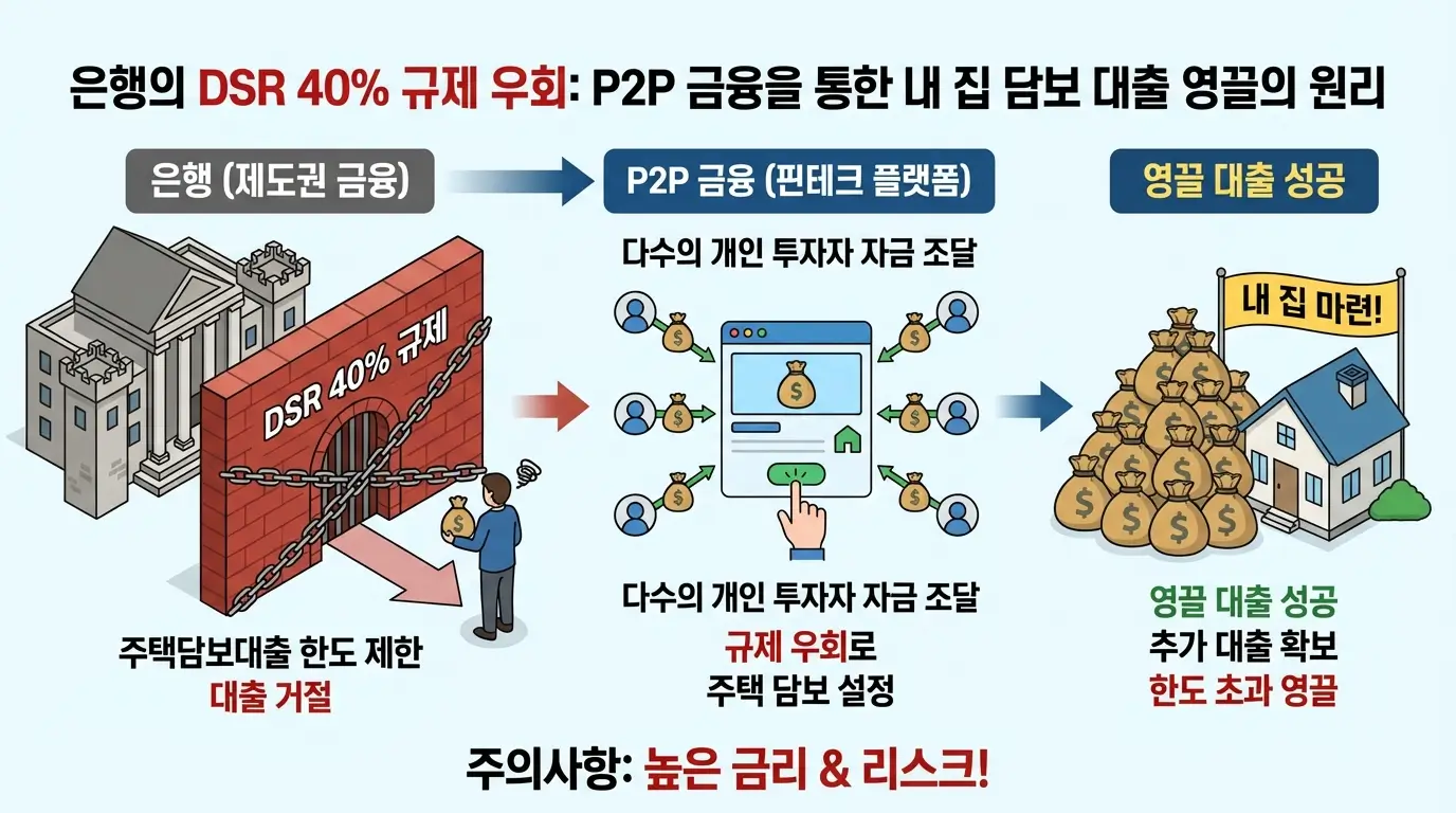 은행의 DSR 40% 규제를 피해 P2P 금융을 통해 내 집 담보 대출 한도를 영끌하는 원리를 설명하는 인포그래픽