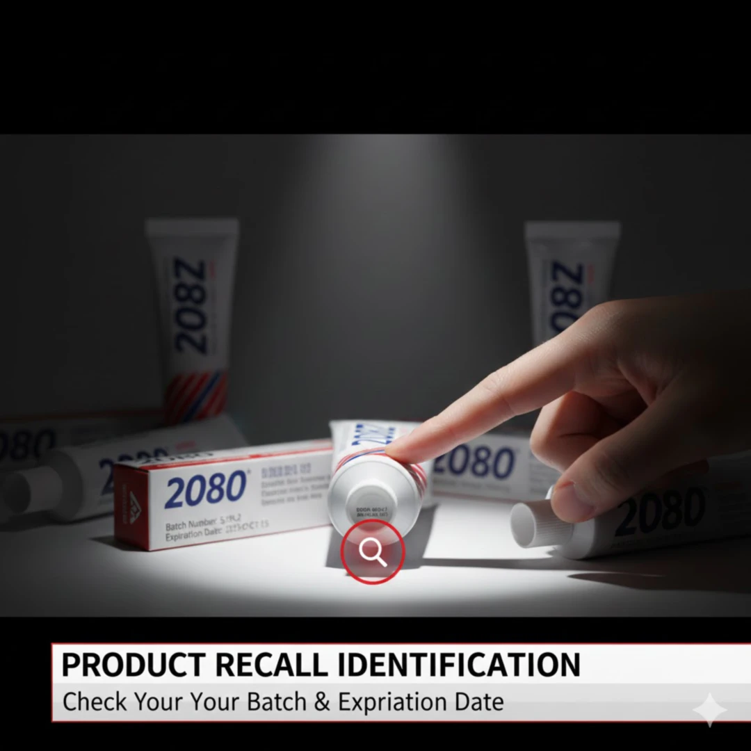 치약 튜브나 상자에 인쇄된 제조 번호(Batch Number)와 유효 기간(Expiration Date) 부분을 클로즈업하여 보여줍니다. 손가락이 해당 부분을 가리키는 연출을 통해 소비자가 직접 확인할 수 있도록 안내하는 느낌을 줍니다.