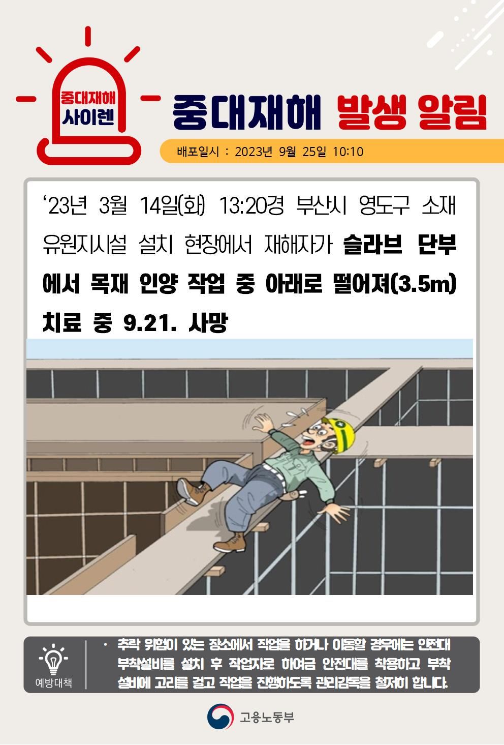 슬라브 단부에서 목재 인양 작업 중 떨어짐