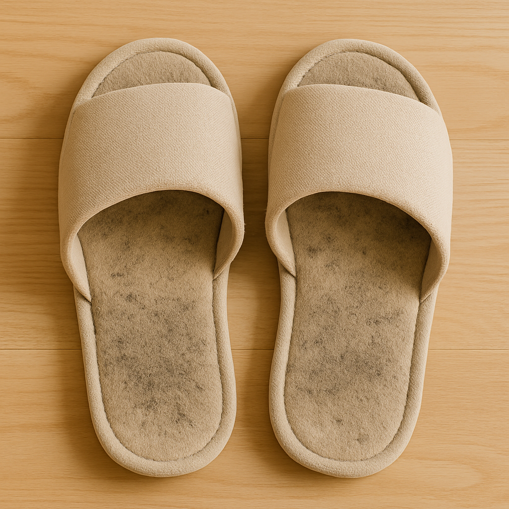 나무 바닥 위에 놓인 베이지색 실내 슬리퍼 한 켤레, 바닥면에 검은 먼지 얼룩이 가득한 모습