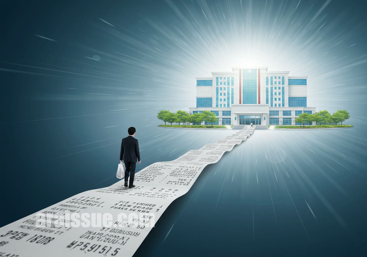 한국인 환자가 의료비 영수증으로 이루어진 길을 걷고 있으며, 이 길은 세액 공제를 위한 의료비 처리를 나타낸다. 길 끝에는 최신 의료 기술이 있는 병원이 보이며, 환자는 세액 공제를 위한 목적지로 향하고 있다.
