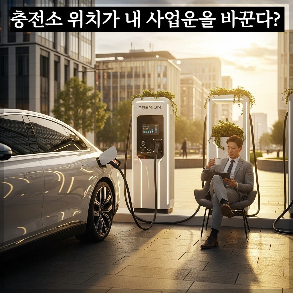 미래지향적이고 현대적인 도심 속 햇살이 내리쬐는 세련된 전기차 충전소에서 성공한 분위기의 한국인 남성 사업가가 자신의 고급 전기차를 충전하며 커피 한 잔과 함께 태블릿으로 업무를 보고 있는 고화질 사진